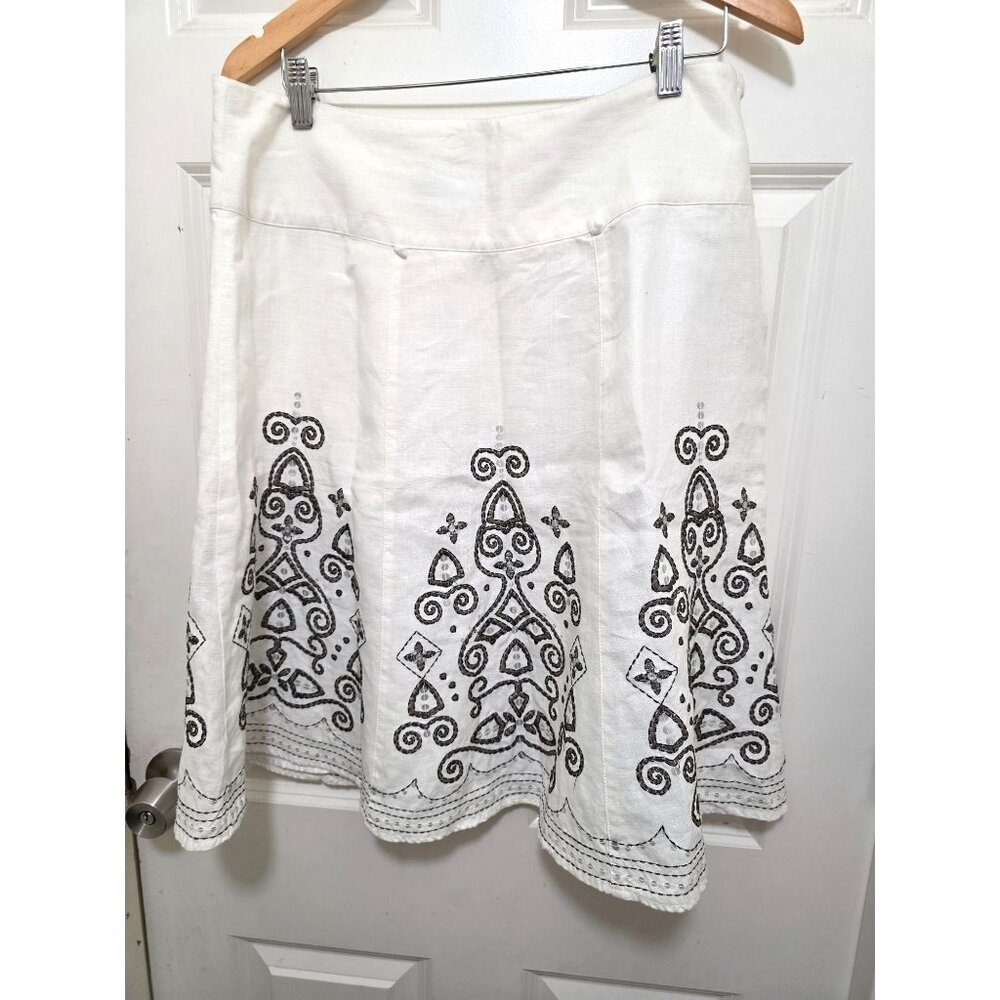 Next White A-Line 100%Linen Blend Skirt Black Embroidery Scars Next UK 14 EUR 42